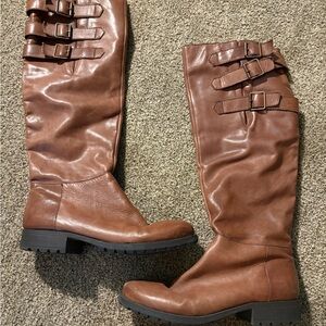 Leather knee high boots with straps